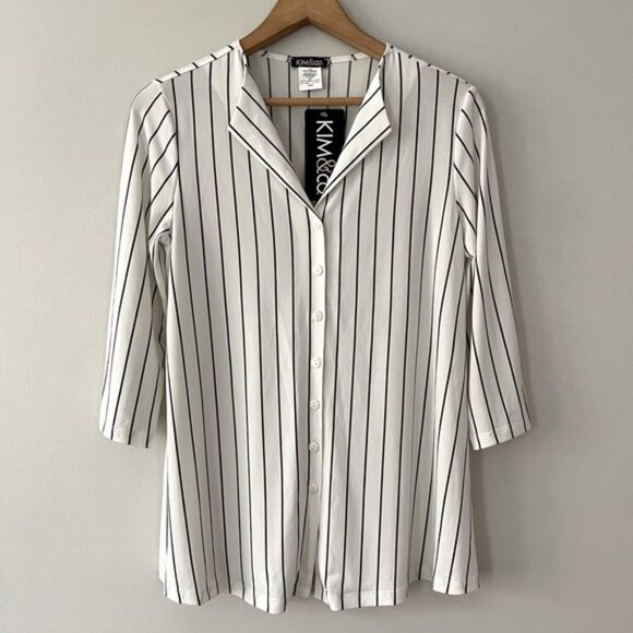 New Kim & Co. White Stripe 3/4 Sleeve Button Front Shirt Top Size XXL bin 4J - Picture 2 of 4